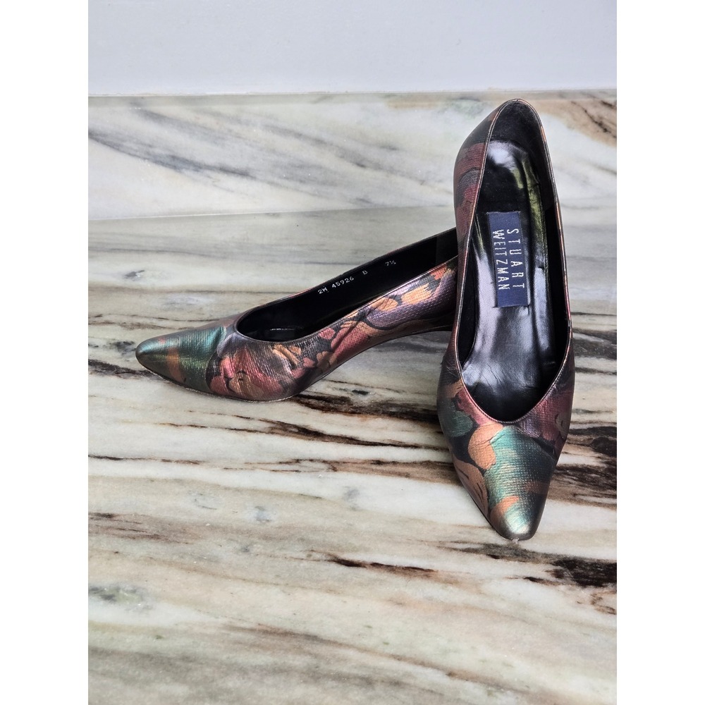 Stuart Weitzman‎ Metallic Floral Pointed Toe Kitten Heel Pumps Multi 7.5B